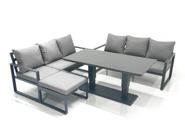 Fimous 7 Seater Aluminium Outdoor Garden Furniture Set with Adjustable Rising Lifting Dining Table 3 Seater Sofa Big Footstool Dark Grey Dark Grey Uni