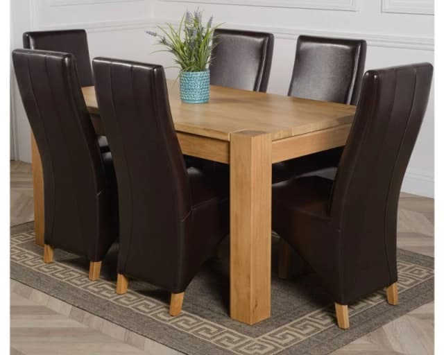 Thats Furniture Kuba 150 x 85cm Chunky Medium Oak Dining Table & 6 Lola Leather Chairs in Brown Brown Unisex 150 x 85 cm