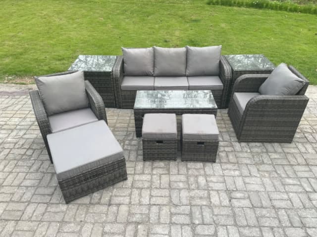 Fimous Rattan Garden Furniture Set with Rectangular Coffee Table 2 Side Tables 3 Footstools 8 Seater Patio Outdoor Lounge Sofa Set Dark Grey