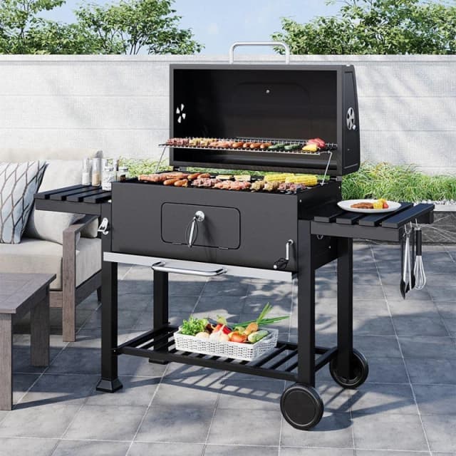 Breeins Charcoal BBQ Grill with Side Shelves Black L