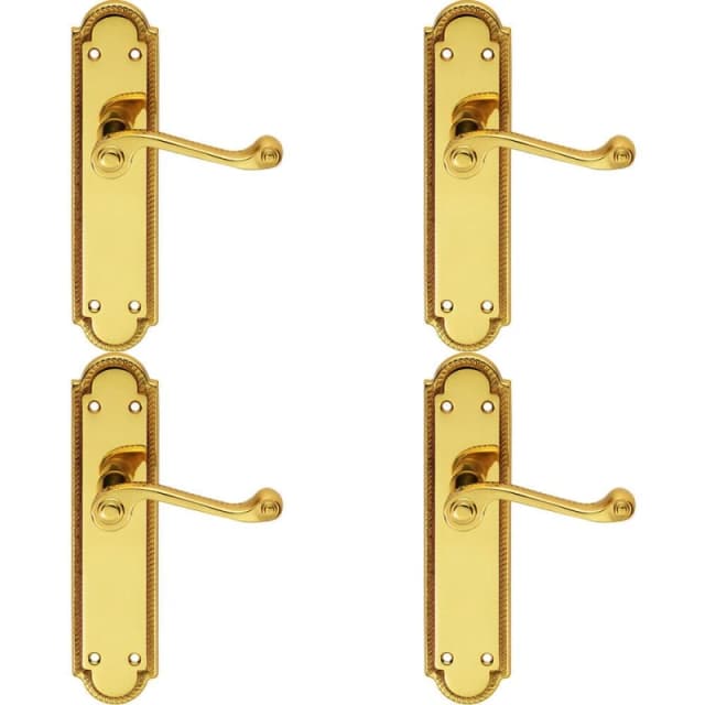 Loops 4x PAIR Reeded Scroll Lever on Shaped Latch Backplate 205 x 49mm Polished Brass Metallics
