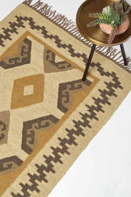 Homescapes Ravar Brown & Gold Kilim Wool Rug Brown