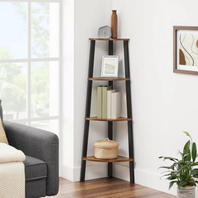 Songmics Corner Shelf Bookcase, 4 Tier Ladder Shelf, Storage Unit, Plant Holder, Industrial Style, Rustic Brown And Black
