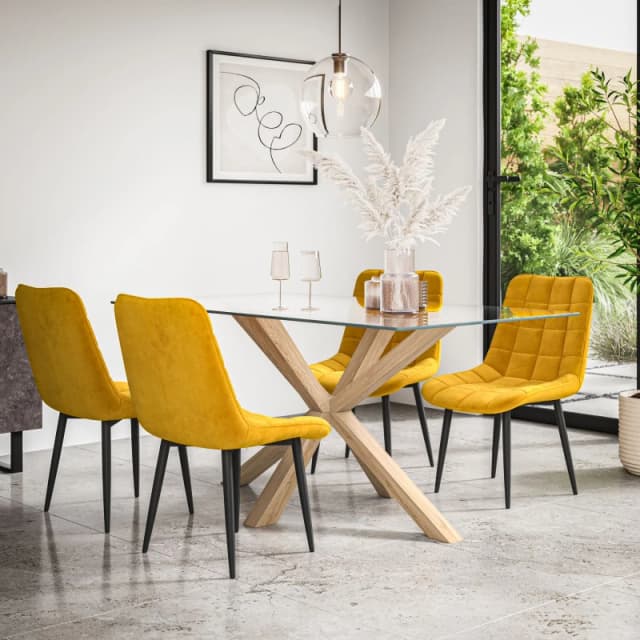 More4Homes Etta Glass Dining Table And Chairs - Glass Top W Solid Oak Legs + Nova Velvet Dining Chair Set Of 4 (Mustard)