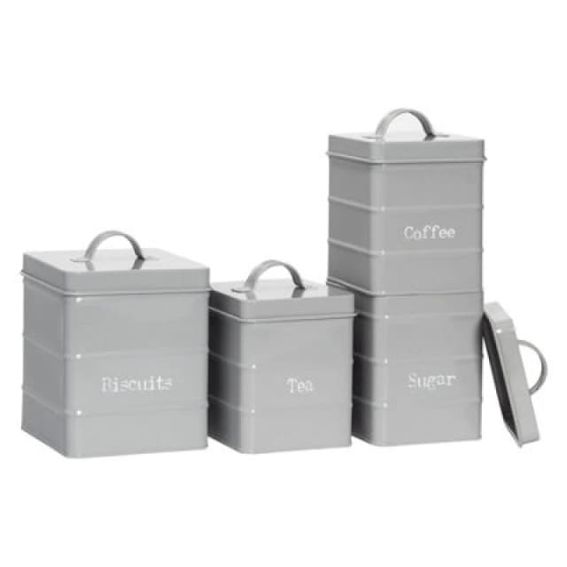 Harbour Housewares 4 Piece Kitchen Canisters Set - Grey - Vintage Metal Storage Caddy Tin Jar