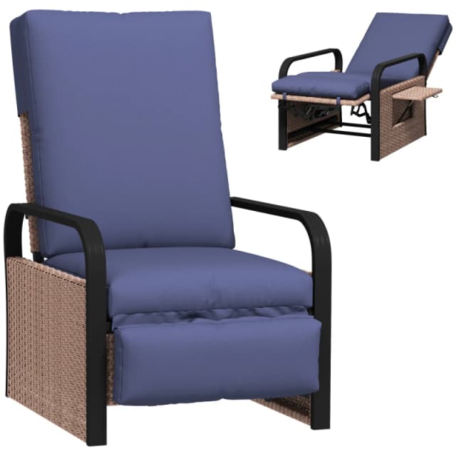Outsunny Rattan Garden Recliner Chair Sun Lounger w/ Side Tray - Brown/Blue TJ Hughes Blue 5063603790209