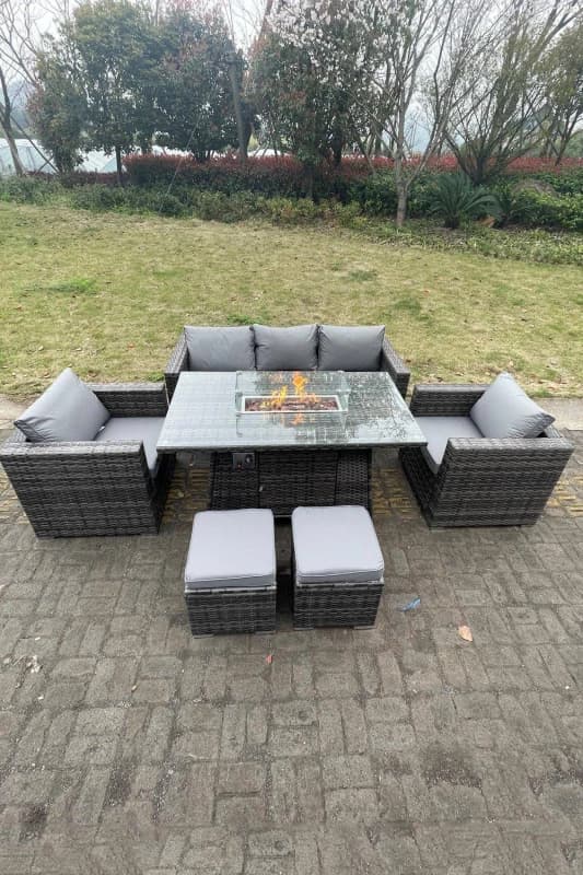 Fimous Outdoor PE Rattan Garden Furniture Gas Fire Pit Dining Table Lounge Sofa 2 PC Armchairs Footstools Dark Grey