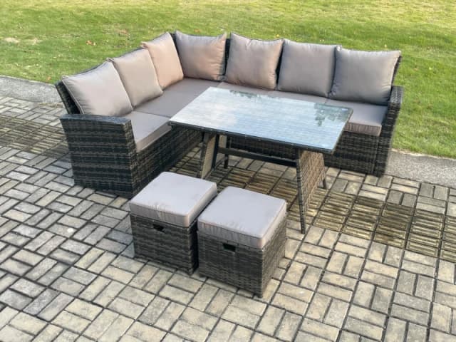 Fimous Outdoor Furniture Garden Dining Set Rattan Corner Sofa Set with 2 Small Footstools Dark Grey Mixed Dark Grey