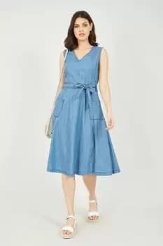 Light Blue Chambray V Neck Midi Dress