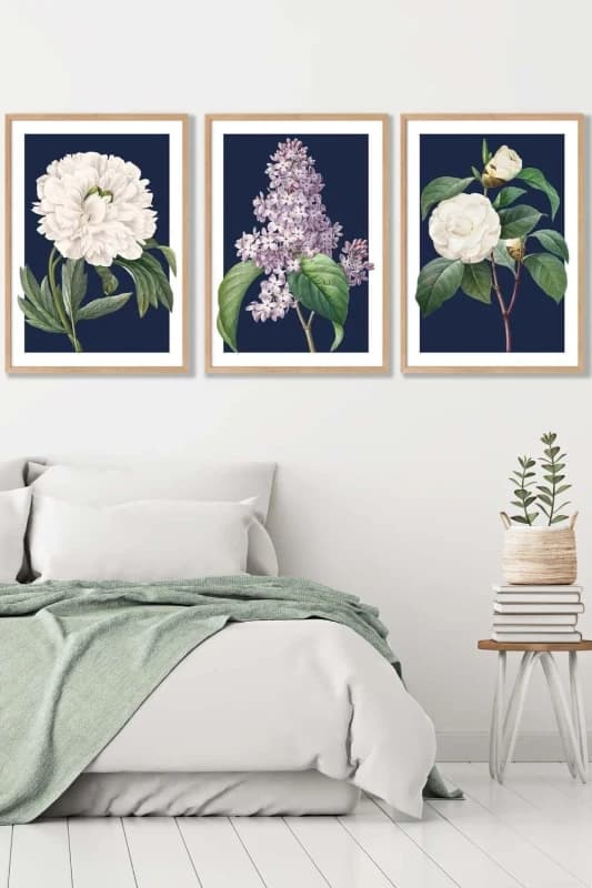 ARTZE Set of 3 Oak Framed Vintage Flowers Lilac, Peony & Camellia on Navy Blue Wall Art Size: W45cm x H62cm x D20mm Navy Unisex W45cm x H62cm x