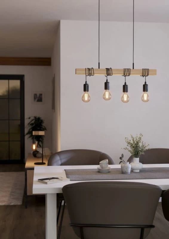 EGLO Eglo TOWNSHEND Black Metal & Natural Wood Exposed Bulbs 4-Light Pendant Light Black One Size Unisex 9002759435127