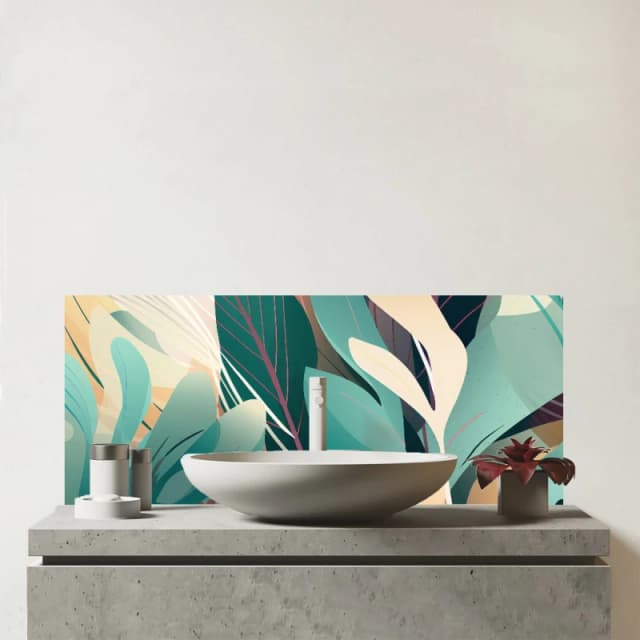 Warren Reed - Designer Abstract Tropical Leaves Glass Bathroom Splashback in Green Green Unisex