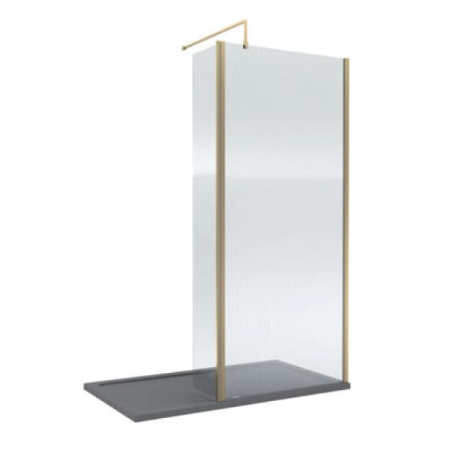Balterley 8mm Fluted Glass Walk In Wetroom Screen And Hinged Return With Brushed Brass Profile And Grey Shower Tray - 1400 X 800mm