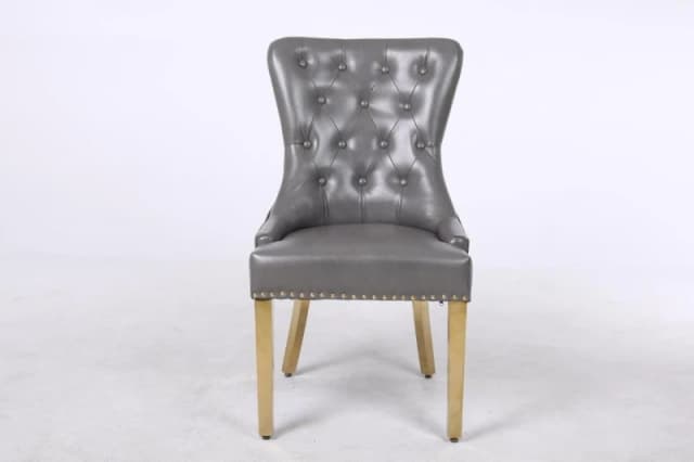 Modernique Modernique Set of 2 Luna Leather Aire Dining Chairs with Knocker, Stud and Golden Legs in Grey Grey One Size Unisex 5061017321507