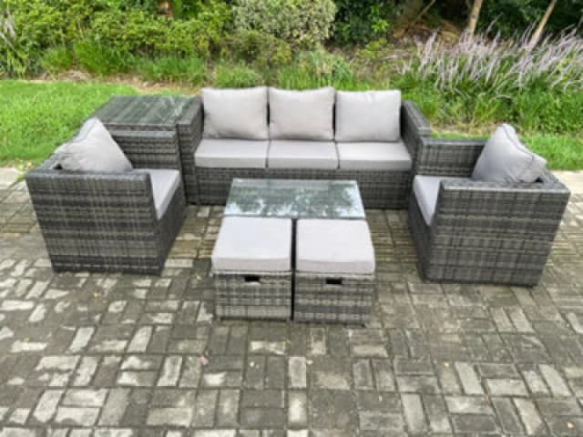 Fimous Rattan Garden Furniture Set with 3 Seater Sofa Coffee Table Side Table 2 Armchairs 2 Small Footstools Dark Grey