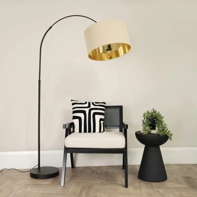 ValueLights Louis Black Arched Curved Floor Lamp with Beige and Gold Inner Shade & LED Bulb Beige