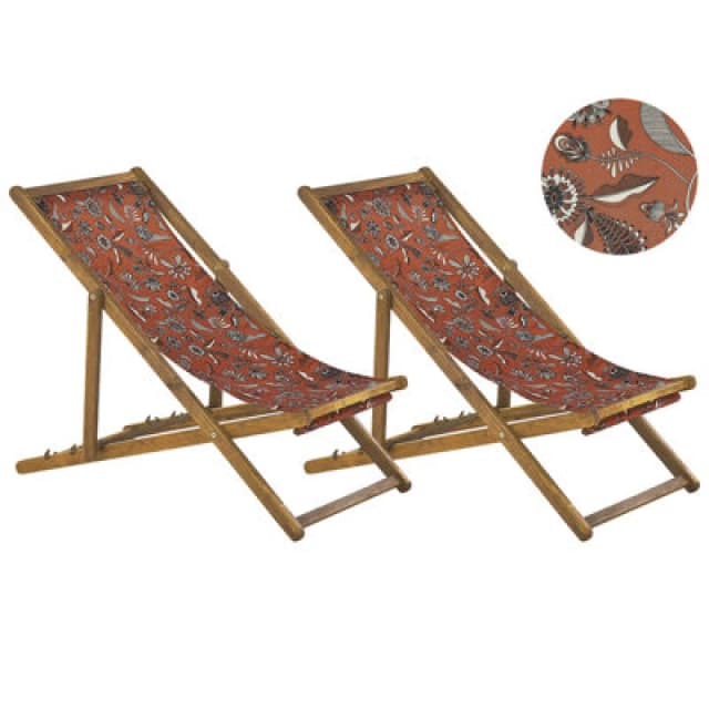 BELIANI Beliani - Set of 2 Folding Deck Chairs Sun Loungers Light Acacia / Floral Pattern Anzio 311143