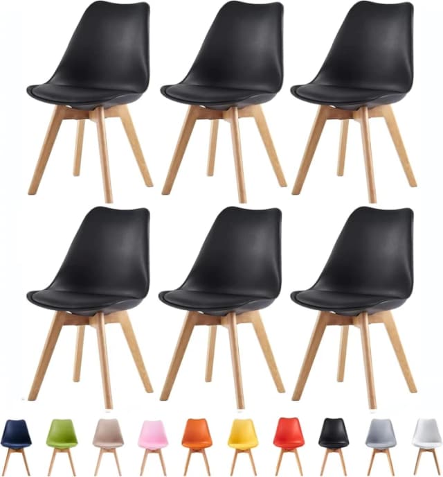 MCC Direct Set of 6 Dining Chairs with Solid Wooden Legs & Seat Cushion Pads in Grey - Eva by MCC in Black Unisex