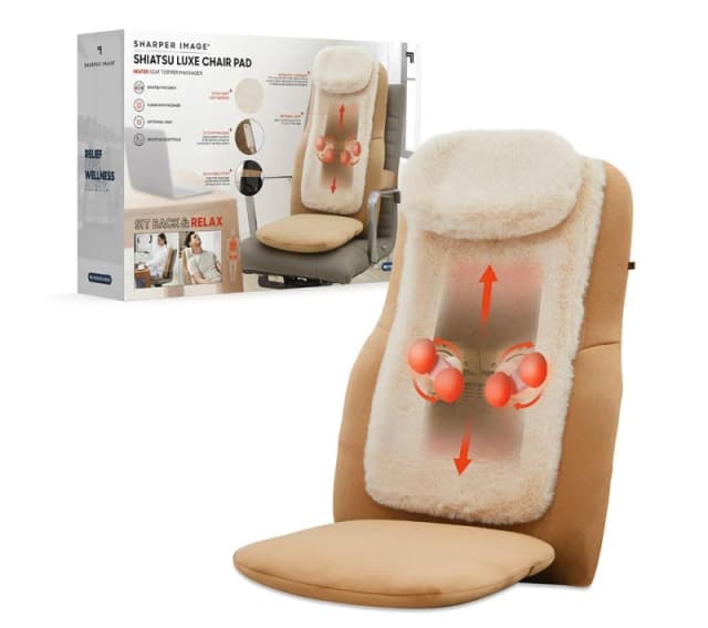 SHARPER IMAGE Shiatsu Back Massage Seat Topper - Cream & Brown 4894088072662