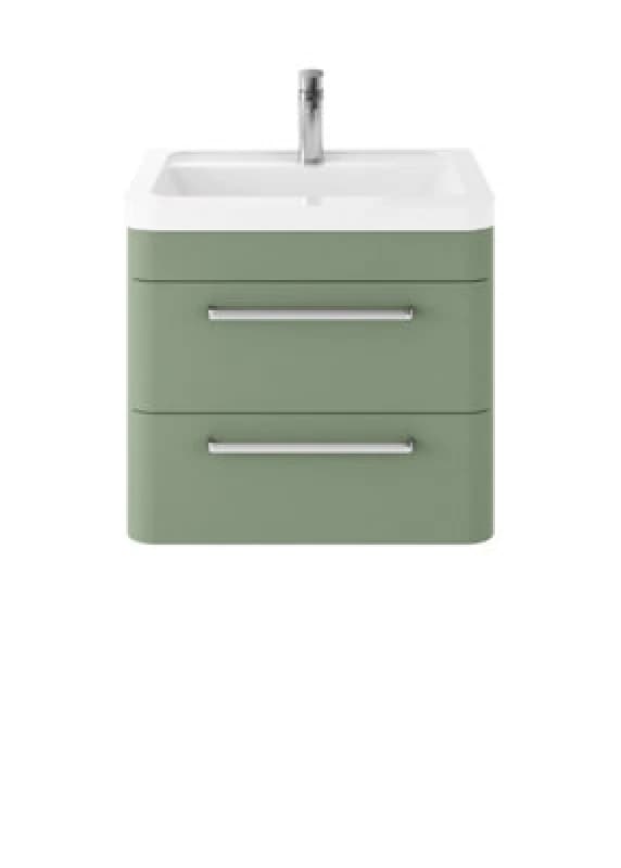 Nuie Hudson Reed Solar Wall Hung Vanity Unit With Ceramic Basin, Modern 2 Drawer Bathroom Sink Vanity Unit In Fern Green, 600mm