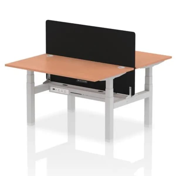 Air Air Back-to-Back 1400 x 800mm Height Adjustable 2 Person Bench Desk Beech Top with Cable Ports Silver Frame with Black Straight Screen HASCP2P148