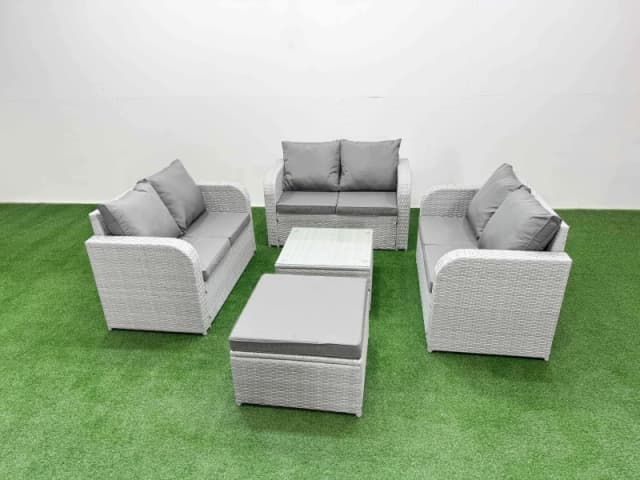 Fimous 7 Seater PE Wicker Rattan Furniture Sofa Sets with Square Coffee Table 2 Seater Love Sofa Big Footstool Light Grey Light Grey