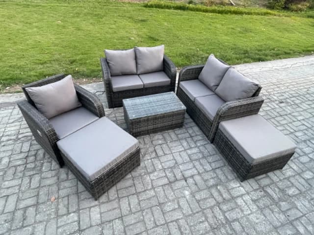 Fimous 7 Seater Garden Furniture Set Rattan Outdoor Lounge Sofa Chair With Tempered Glass Table 2 Big Footstool Dark Grey Mixed Dark Grey