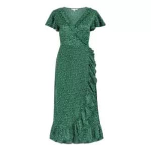 Yumi Green Leopard Satin Wrap Midi Dress - Green