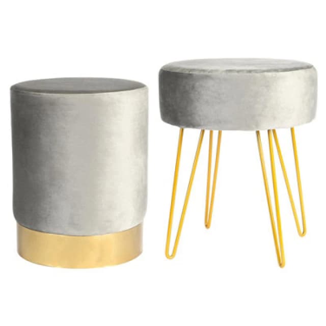Harbour Housewares 2 Piece Velvet Footstools Set - Grey - Round Luxe Living Room Bedroom Dressing Table Accent Pouffe
