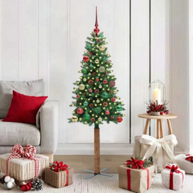 vidaXL Slim Christmas Tree with Multicolour Balls Green 150cm PVC and Solid Pine wood, Green 3394859