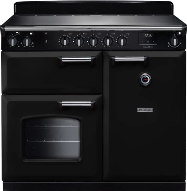 Rangemaster Classic CL100EIPGBL/CM1 100cm wide Electric Range Cooker with Induction Hob - Black / Chrome - A/A Rated