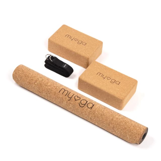 Myga Cork Yoga Mat; Pair Of Cork Blocks Strap Black RY1132-SET2