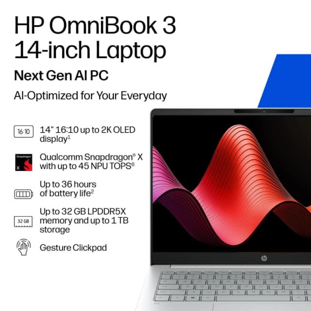 HP OmniBook 3 Laptop Next Gen AI 14-hz0001nax Copilot+ PC 35.6cm (14") 2K 16GB LPDDR5x-SDRAM 256GB SSD WiFi 6E (802.11ax) Windows 11 Home D8XC0