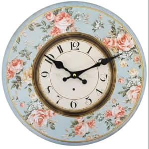Shabby Chic Pink Roses with Blue Background Wall Clock