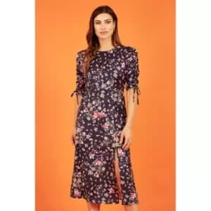 Yumi Navy Animal Floral Print Midi Dress - Blue