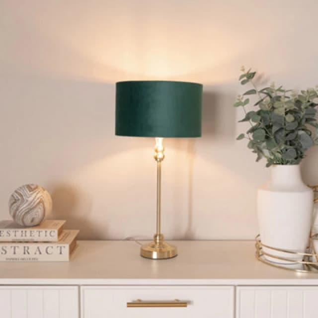 ValueLights ValueLights Maggie Gold Candlestick Table Lamp with Velvet Drum with Gold Inner Lamp Shade in Bottle Green Bottle Green One Size Unisex 50