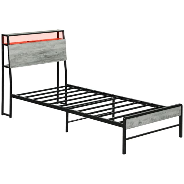 HOMCOM LED Bed Frame with Charging Station, Cement Grey Grey