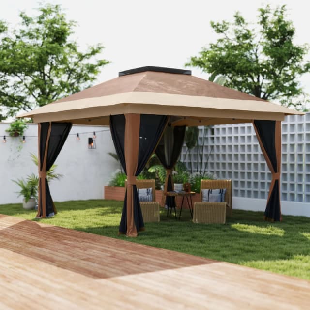 Outsunny 3.6 x 3.6m Pop Up Gazebo with Netting and Wheeled Bag, Brown Brown