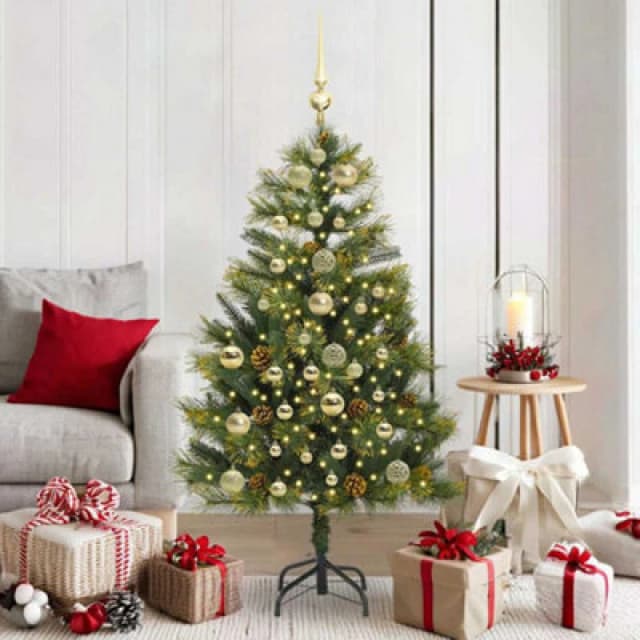 vidaXL Artificial Hinged Christmas Tree with Cones, Gold Balls Green 150 cm, Green 3395084