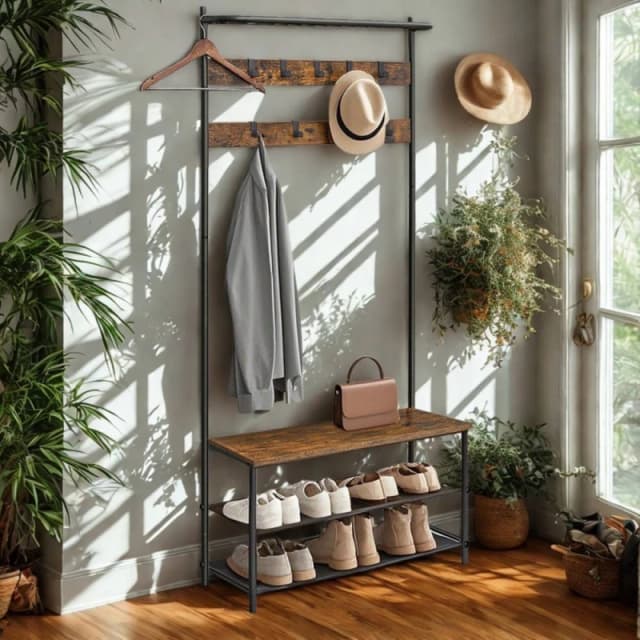 Pirlo Plush Entryway Hall Tree Coat Rack Stand With Shoe Storage in Brown Brown Unisex