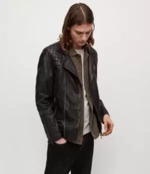 AllSaints Mens Leather Regular Fit Traditional Conroy Biker Jacket, Navy Blue, Size: L