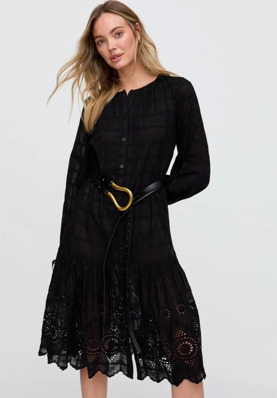 Raffya Womens Olivia Button Down Embroidered Midi Dress In Black Size: 10 Black Female 10