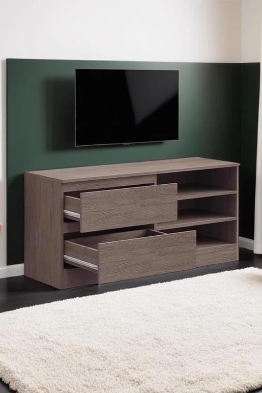 FWStyle FWStyle 2 Drawer Open Shelf Rustic Oak Storage TV Unit in Brown Brown One Size Unisex 5056413124241