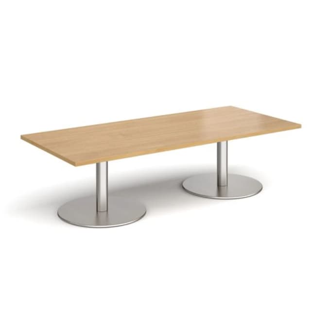 Monza Rectangular Cafe and Bistro Coffee Table with Flat Round Brushed Steel Base - Top 1800mm x 800mm - Oak