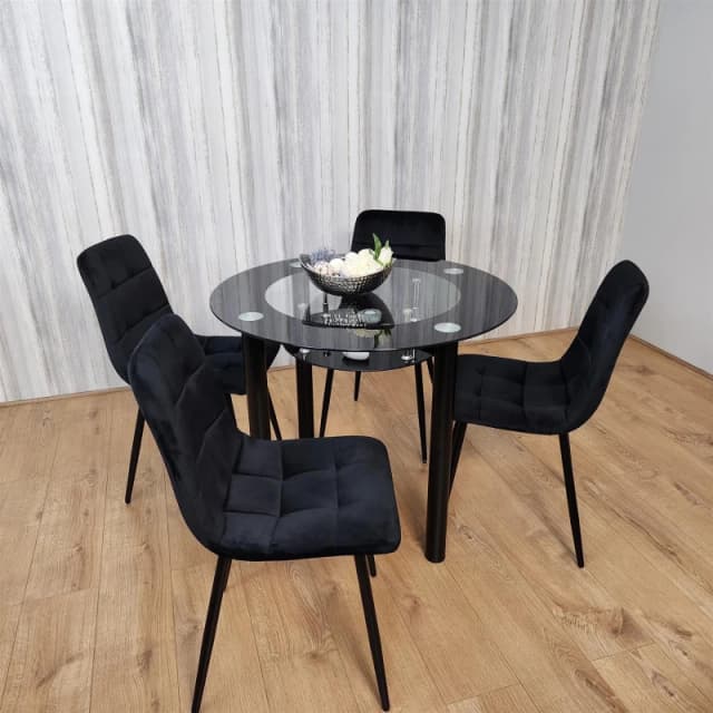 KOSY KOALA Dining Table and 4 Chairs Round Glass Black 4 Black Velvet Chairs Dining Room Furniture Round Black glass + 4 Black rocco