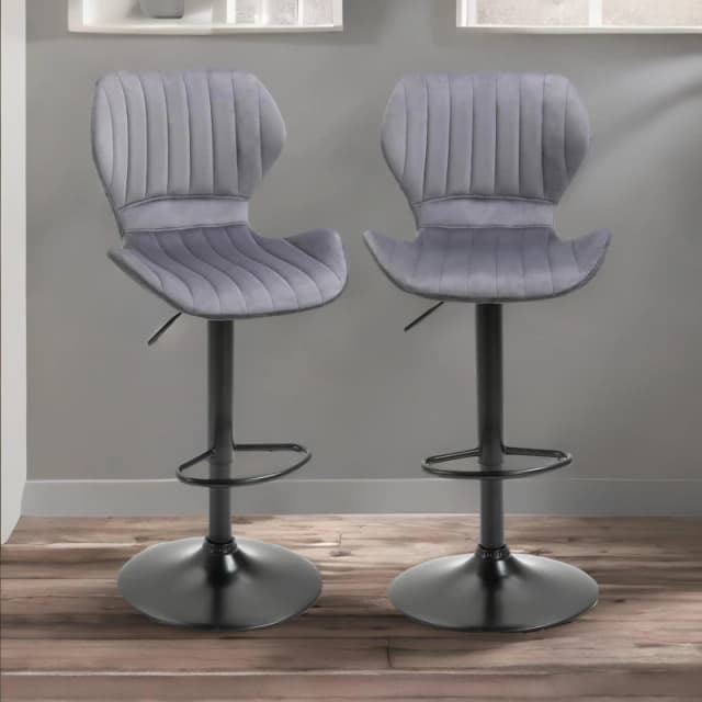 Rafaelo Mobilia Grey Retro Velvet Bar Stools Set Of 2 With Adjustable Height & Swivel Grey Unisex