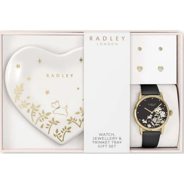 Radley RY21792A-TKH-SET Black Strap Watch, Earrings And Trinket Tray - W51487
