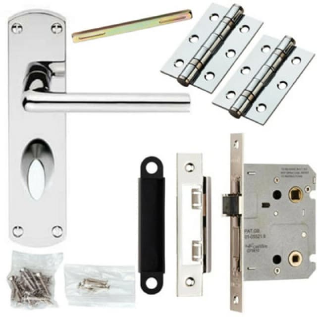Loops Door Handle & Bathroom Lock Pack Chrome Slim Straight Arm Thumb Turn Backplate Multi