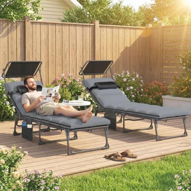 OUTSUNNY Folding Sun Lounger, Sunbed with Canopy in Light Grey Size: 190cm x 60cm Light Grey Unisex 190cm x 60 cm