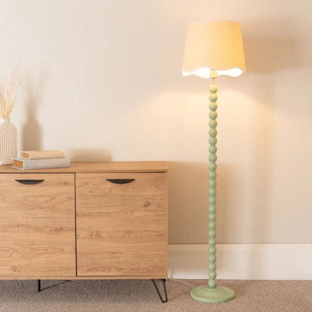 ValueLights Bobbins Sage Green Floor Lamp with Linen Scallop White Trim Shade Pale Green